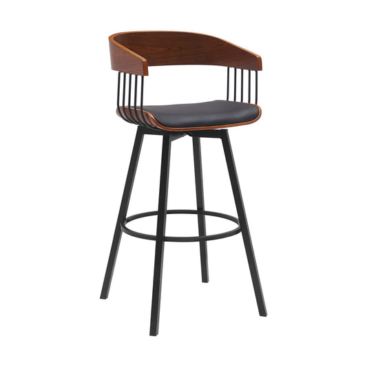 Vera  Swivel Barstool Chair, Curved Open Back, Walnut Brown, Black. 31 Inch