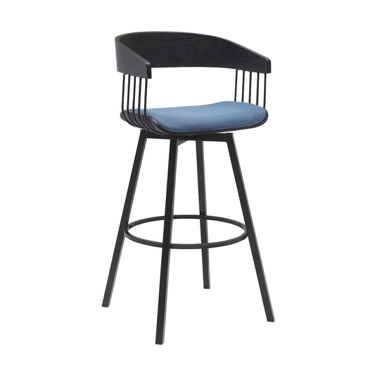 Vera Swivel Barstool Chair, Curved Back, Black, Light Blue Fabric. 31 Inch